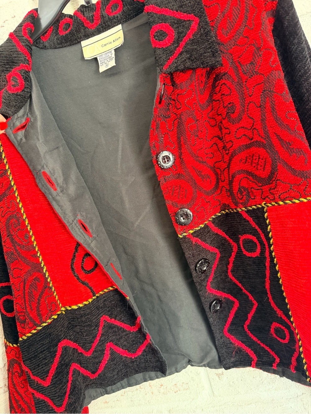 Carrie Allen Vintage Embroidered Tapestry Cropped Jacket Red Black Size M - Picture 7 of 10